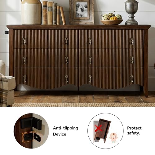 FUSUNBAO 6-Drawer Fluted Dresser, 52" Wide Double Chest of Drawers,Walnut