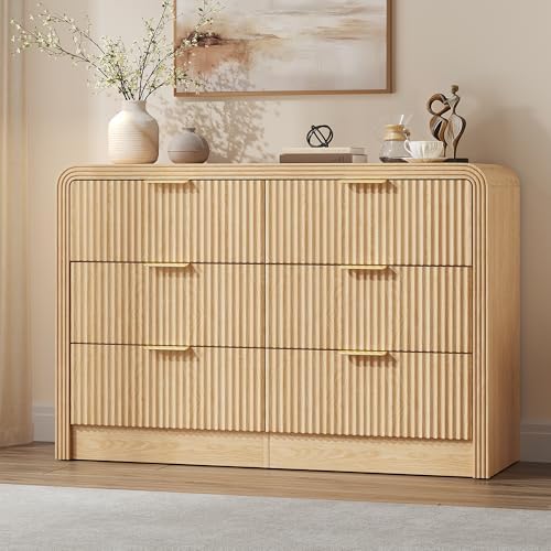 Decofy 47" W Fluted 6-Drawer Dresser for Bedroom, Natural Oak