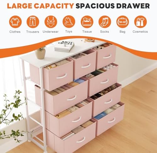 Sweetcrispy 9 Drawer Fabric Dresser Storage Tower Drawer Organizer, Pink