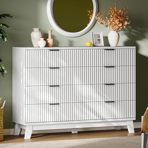 Xixini Fluted Dresser with 8 Drawers, 54" Wide Modern Chest of Drawers with Metal Handle, Wooden Dresser TV Stand, Wood Closet Clothes Storage Organizer for Bedroom, Living Room, Hallway, Solid White