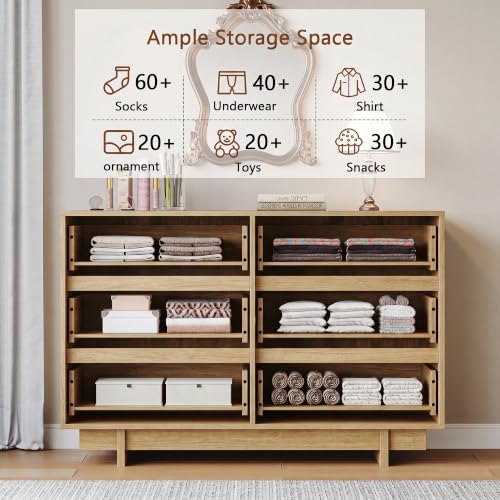 HOUROM Oak Dresser for Bedroom, 47in Modern 6 Drawer Chest of Drawers