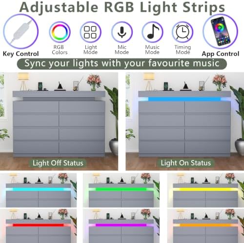 Gyfimoie 8 Drawer Dresser with Power Outlet, Modern Dresser with LED Light