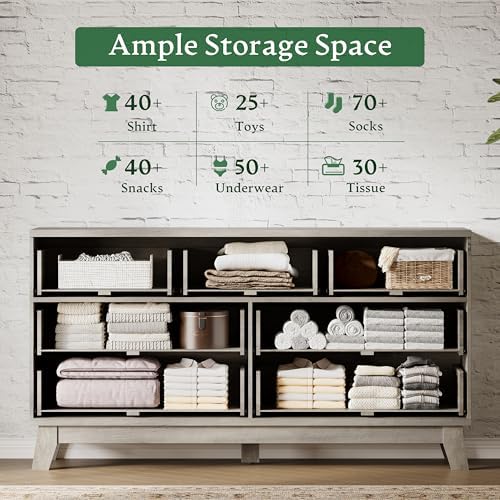 Xixini Fluted Dresser with 7 Drawers, 58" Wide Modern Chest of Drawers with Metal Handle, Wooden Dresser TV Stand, Wood Closet Clothes Storage Organizer for Bedroom, Living Room, Hallway, Light Grey
