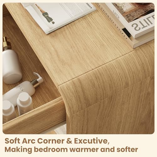 Modern Curved Nightstands Set of 2 with Open Shelf,Natural Oak