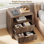 Decofy Fluted 2-Drawer Nightstand with Charging Station, Walnut