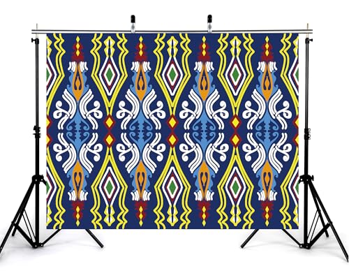 7x5ft Ethnic Geometric Backdrop Navy Yellow Tribal Pattern Photography Background for Mexican Themed Party and Art Display Wall Decorations Tapestry Photo Booth Props - size: 7x5ft