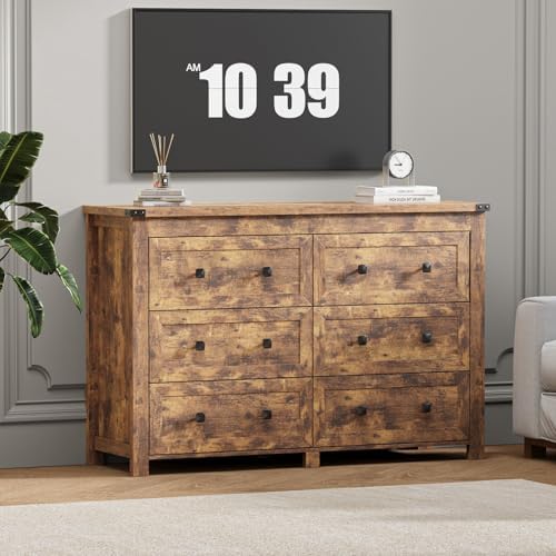 Wodeer 6 Drawer Dresser for Bedroom, Brown Modern Dressers & Chests of Drawers with Metal Handles, Closet Storage Dresser, Storage Cabinet and Organizer with Drawers