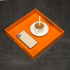 KEVLANG Orange Sturdy Acrylic Serving Tray with Handles-12x12Inch-Serving Coffee,Food,Breakfast,Butler-Kitchen Countertop Tray-Makeup Drawer Organizer-Vanity Table,Ottoman Tray-Decorative Tray