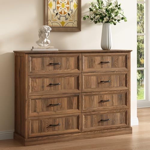 Farmhouse 8 Drawer Dresser for Bedroom, 55" Walnut Dresser with TV Stand
