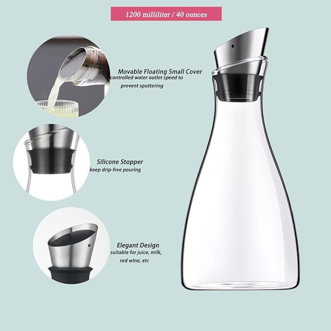 Purefold 44 Ounce Glass Carafe with Stainless Steel Lid, Ice Tea Pitcher, Juice jar, Tea & Coffee Maker, Perfect Drinkware for Hot and Cold Water Pitcher