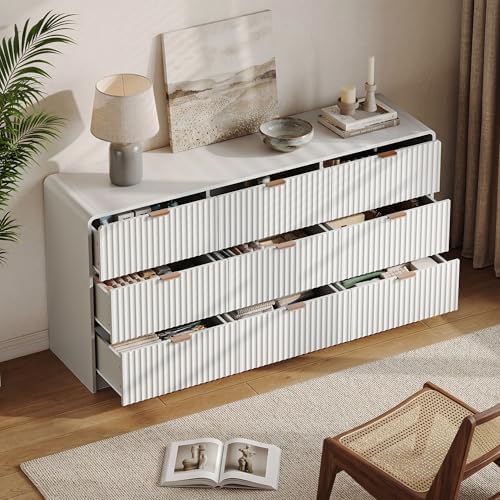 HOUROM 59” Wide White Fluted Dresser for Bedroom with 9 Drawers