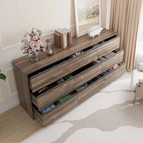 Bobve 70.9” Dresser for Bedroom with 9 Drawers, Large Modern Chest of Drawers Handle Free, Long Wooden Dressers Storage Organizer, Wide Double Dresser for Bedroom, Living Room, Hallway (Walnut)