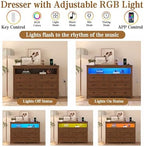 Wodeer Dresser 6 Drawer Dressers for Bedroom with LED Lights, Charging Station, Wood Chest of Drawers with Metal Handles, Modern TV Stand Storage Cabinet for Living Room, Hallway, Entryway, Walnut