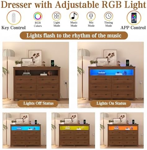 Wodeer Dresser 6 Drawer Dressers for Bedroom with LED Lights, Charging Station, Wood Chest of Drawers with Metal Handles, Modern TV Stand Storage Cabinet for Living Room, Hallway, Entryway, Walnut