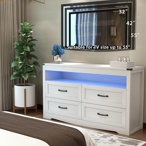 Wodeer White Dresser for Bedroom, Wood 4 Drawer Dresser with LED Light, Dressers & Chests of Drawers with Metal Handles, Storage and Organization for Bedroom, Hallway, Entryway