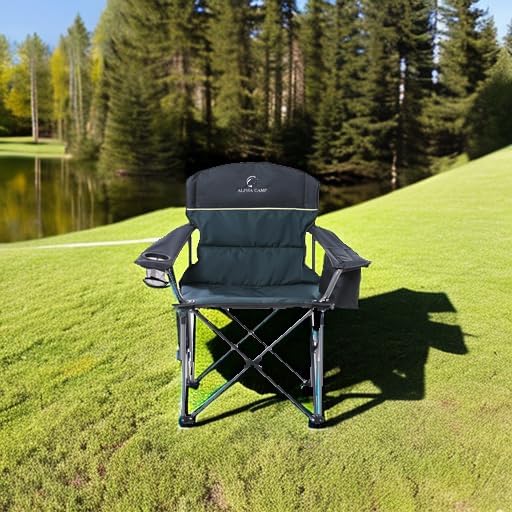 LET'S CAMP Oversized Folding Camping Chair Portable Outdoor Heavy Duty Padded Chairs Lawn Chair with Cup Holder, Storage Pocket and Cooler Bag, Supports 450LBS, for Camp, Travel, Picnic (Green)