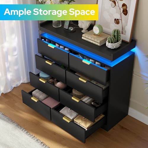 knoworld 8 Drawer Dresser for Bedroom, Black Dresser with LED Lights and Power Outlet, Large Wooden Dressers Modern Chest of Drawers, Double Wide 9 Drawer Dressers for Bedroom, Entryway, Hallway