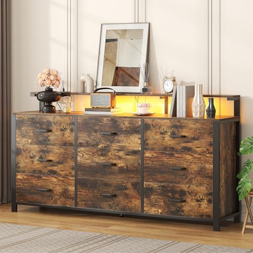 63'' Rustic Brown Dresser for Bedroom, 9 Drawer Dresser with Power Outlet and Led Lights, Bedroom Furniture with Wooden Drawer and Metal Frame, TV Stand with Deep Drawer Storage