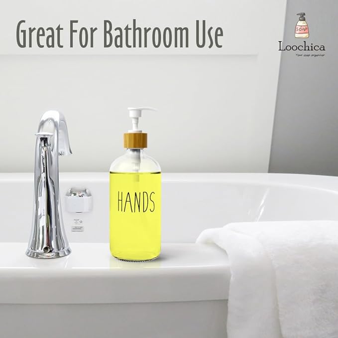 LOOCHICA Clear Glass Soap Bottle - Hands Free Dispenser for Kitchen or Bathroom