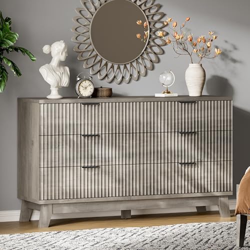 Xixini Fluted Dresser with 6 Drawers, 54" Wide Modern Chest of Drawers with Metal Handle, Wooden Dresser TV Stand, Wood Closet Clothes Storage Organizer for Bedroom, Living Room, Hallway, Light Grey