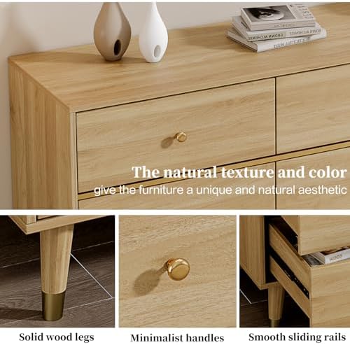 Chrangmay 9 Drawer Dresser,63" Wide Mid Century Modern Chest of Drawers,Wooden Bedroom Drawer Dresser with 9 Storage Drawers for Bedroom, Living Room,with Anti-Tipping Device,Natural