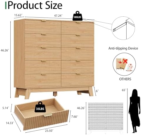 Fluted Dresser for Bedroom with 10 Drawers, 48" Wide Modern Chest of Drawers with Metal Handle, Wooden Dresser TV Stand, Wood Closet Clothes Storage Organizer for Living Room, Hallway, Natural Oak
