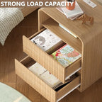 BORNOON Dresser with 2 Drawers and Charging Station, Fluted Bedside Table with Round Curved Corner, Hidden Handles, 2 AC Outlets and 2 USB Ports, Modern Wood End Table with Open Shelf for Bedroom