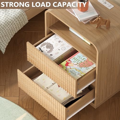 BORNOON Dresser with 2 Drawers and Charging Station, Fluted Bedside Table with Round Curved Corner, Hidden Handles, 2 AC Outlets and 2 USB Ports, Modern Wood End Table with Open Shelf for Bedroom