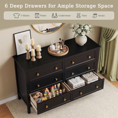 CARPETNAL 47" Black Dresser for Bedroom with Modern Gold Handles & 6 Drawer
