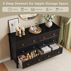 CARPETNAL 47" Black Dresser for Bedroom with Modern Gold Handles & 6 Drawer