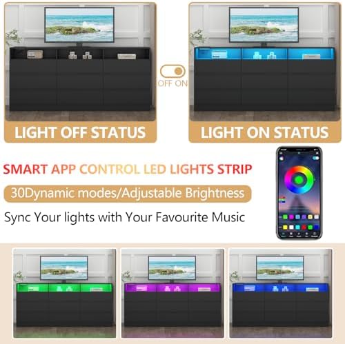 Gyfimoie 63" Black 9-Drawer Dresser for Bedroom w/Power Outlet, LED Light