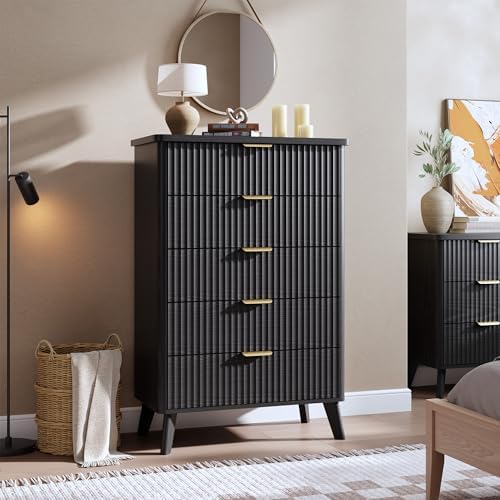 GarveeHome Fluted Dresser for Bedroom with 5 Deep Drawers, Black
