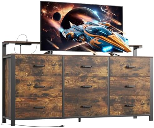 63'' Rustic Brown Dresser for Bedroom, 9 Drawer Dresser with Power Outlet and Led Lights, Bedroom Furniture with Wooden Drawer and Metal Frame, TV Stand with Deep Drawer Storage