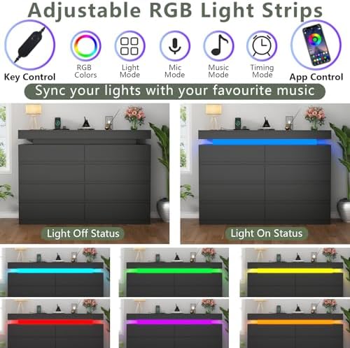 Gyfimoie 8 Drawer Dresser with Power Outlet, Modern Dresser with LED Light