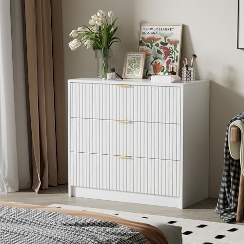 Furniway White Dresser for Bedroom, Modern Dresser with 3 Drawers and Smooth Slides, Wide Chest of Drawers with Golden Handles for Bedroom, Living Room, Closet, 15.7" D x 31.5" W x 29.6" H