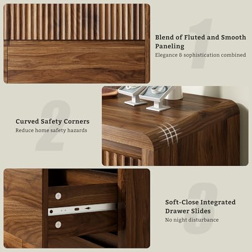 LYNSOM Walnut Fluted 6 Drawer Dresser for Bedroom, Curved Edge, 50" Wide