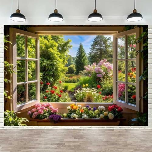 Spring Summer Garden Window Backdrop for Photography Floral Nature Landscape Photo Background Flowers and Trees Vibrant Flowers Party Decorations Banner Wedding Baby Shower Party Supplies 7x5ft - size: 7x5ft