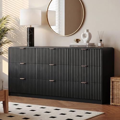 HOUROM Black Fluted Dresser for Bedroom,9 Drawer Chest,59in Wood Cabinet