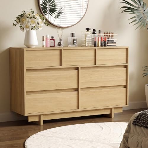 7 Drawer Oak Dresser for Bedroom, 51.5" Wide Mid Century Modern Dresser