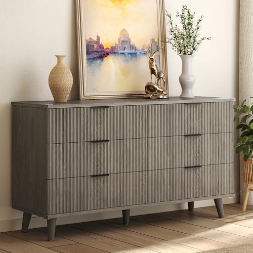 Wood Tall 6 Drawers Dresser, 53.2" W Fluted Modern Dressers for Bedroom
