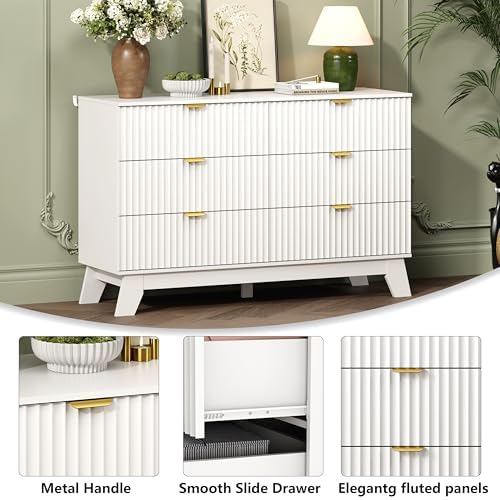 Wodeer 6 Drawer Fluted Dresser for Bedroom, Mid Century Modern Dresser with 6 Drawers, Dressers & Chests of Drawers with Metal Handle, TV Stand & Storage Organizer for Entryway, Hallway, White