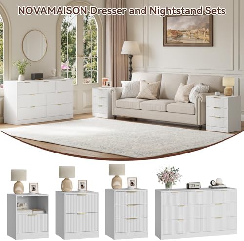 7 Drawer Dresser & 3-Drawer Nightstand Set 3-Piece, White丨Bedroom Dressers and Night Stand Set of 2, Fluted Modern Wood Chest of Drawers Storage Dressers Set for Bedroom