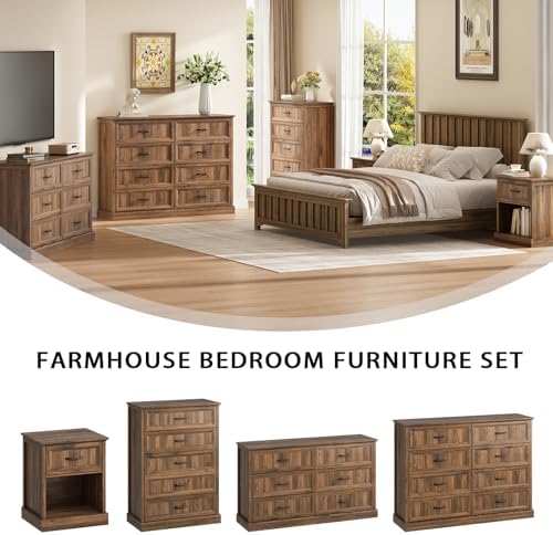 Farmhouse 8 Drawer Dresser for Bedroom, 55" Walnut Dresser with TV Stand