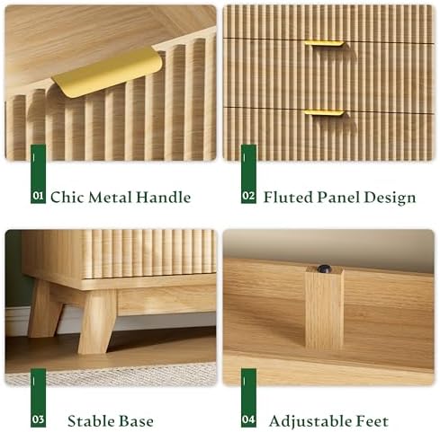 Xixini Fluted Dresser with 6 Drawers, 54" Wide Modern Chest of Drawers with Metal Handle, Wooden Dresser TV Stand, Wood Closet Clothes Storage Organizer for Bedroom, Living Room, Hallway, Natural Oak