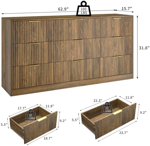 Walnut Dresser with 9 Drawer 63" Wide Fluted Dresser for Bedroom丨Long Dresser Modern Chest of Drawers with Gold Handle, Wood TV Stand Storage Organizer for Bedroom, Living Room, Walnut