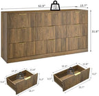 Walnut Dresser with 9 Drawer 63" Wide Fluted Dresser for Bedroom丨Long Dresser Modern Chest of Drawers with Gold Handle, Wood TV Stand Storage Organizer for Bedroom, Living Room, Walnut