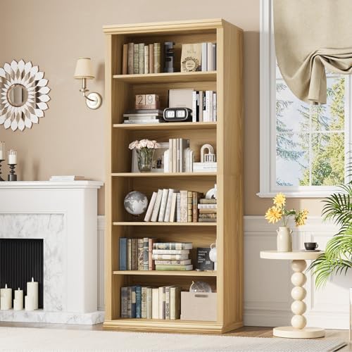Rresyet Bookcase and Bookshelves, 28" W Tall Bookshelf, Natural Oak