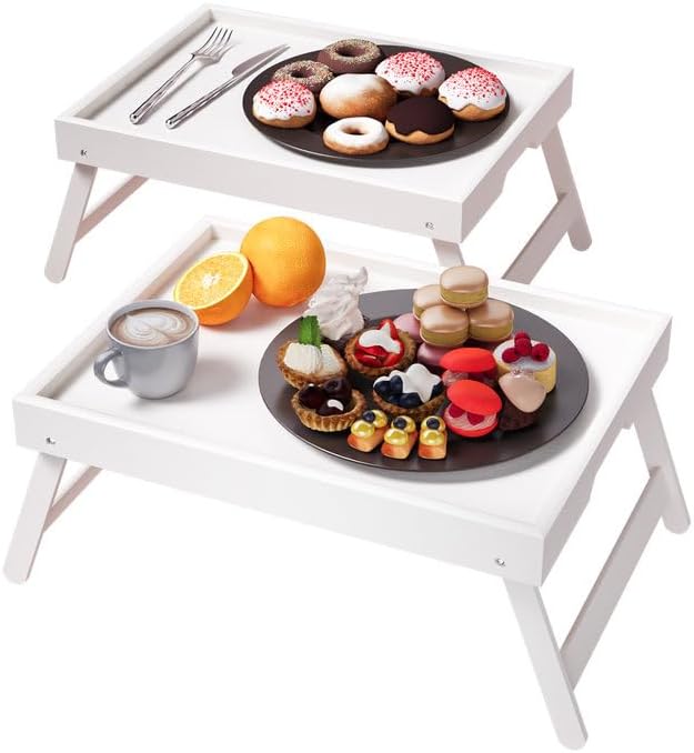 Fibogollo 2 Pack Bamboo Bed Tray Table with Folding Legs,Breakfast Trays,Serving Tray for Food and Snack,Laptop Trays for Working(White)