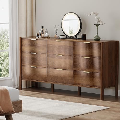 63in Walnut Fluted 9 Drawer Dresser for Bedroom,Mid Century Wood Chest