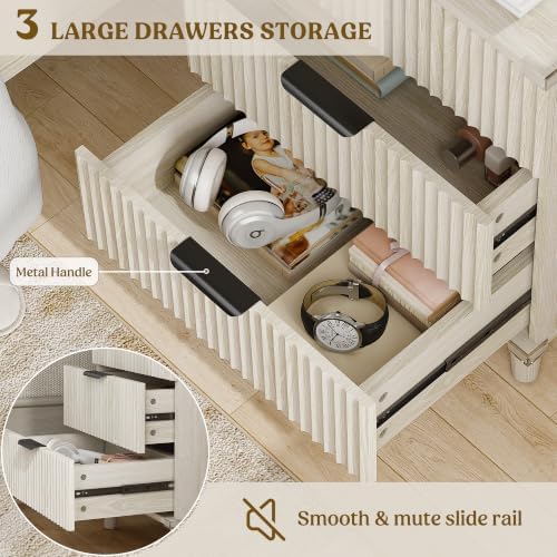 3 Drawers Nightstands Set of 2 w/Charging Station, Modern Fluted Dresser